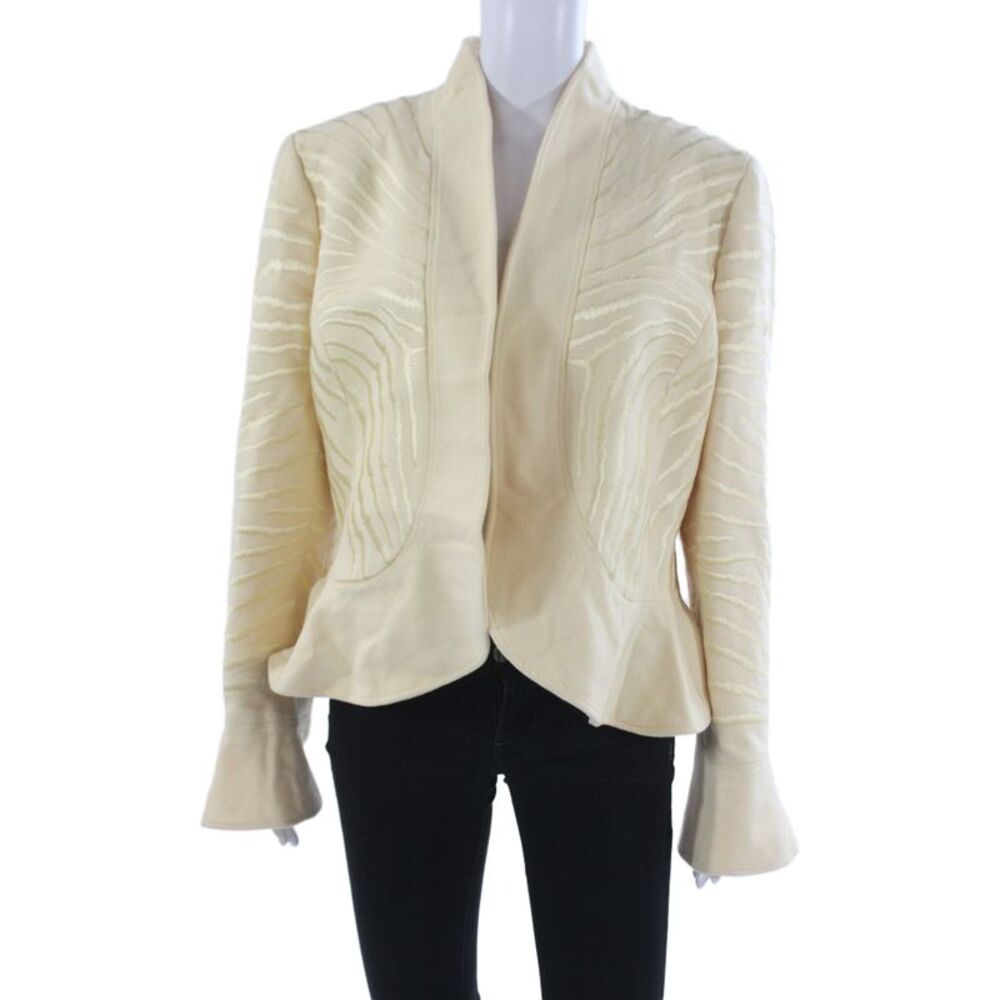 Ellen Tracy Women Beige Wool Angora Blazer Mock Neck Long Sleeve Size 14